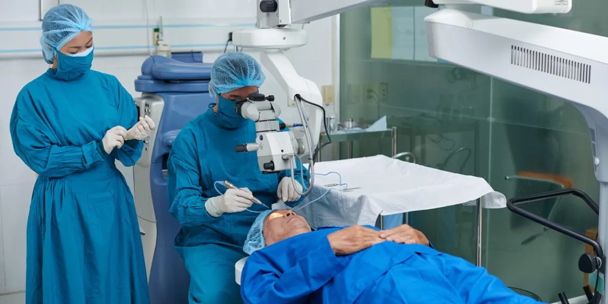 surgeon and his assistant performing operation on eye