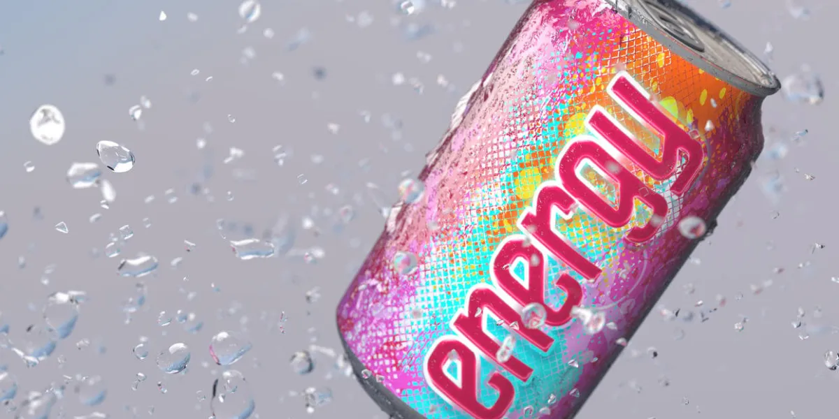energy drink can with splashed water drops