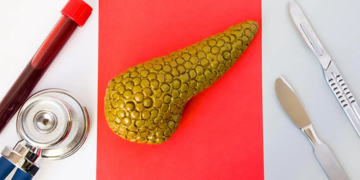 idea of photo diagnosis, pancreas gland surgery or operation shape of pancreas gland lies near stethoscope, laboratory test tubes with blood and two scalpels on white red gray background