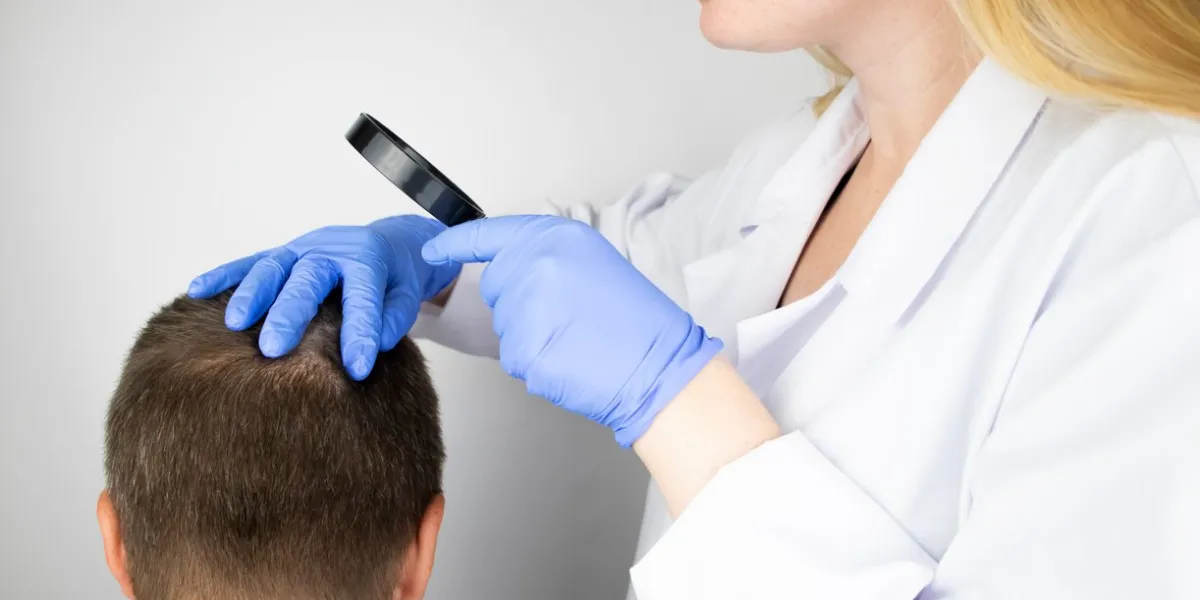 a trichologist examines the hair of a man who begins alopecia consultation with a dermatologist hair loss, alopecia, pruritus, burning head or seborrhea