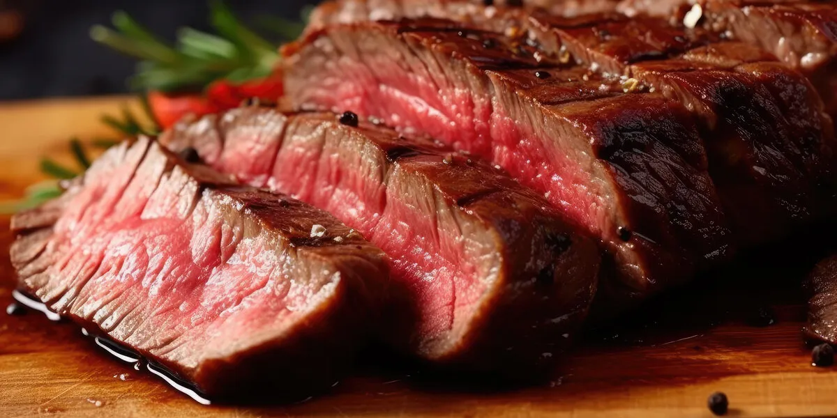 juicy angus steak or sirloin steak grilled over hot coals, sliced rare on a wooden board generative ai
