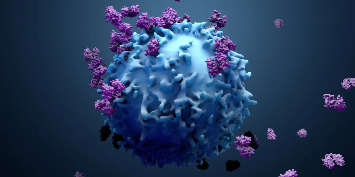 3d illustration proteins with lymphocytes , t cells or cancer cells