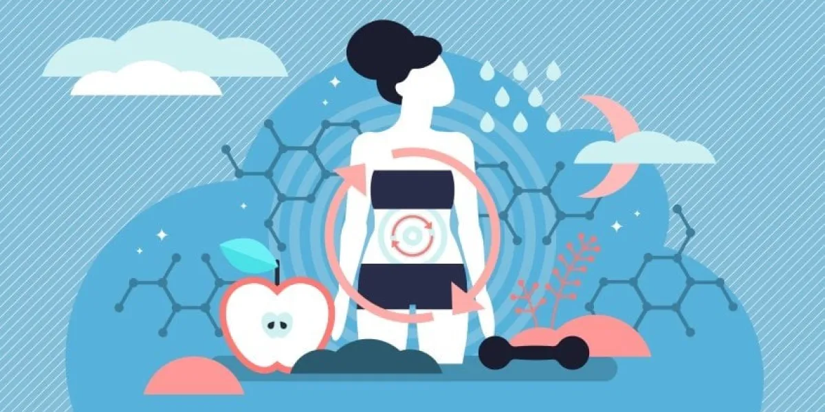 metabolism vector illustration flat tiny food to energy conversion persons concept tiny nutrition chemical reactions in organism synthesis abstract digestive tract and biochemistry symbols process