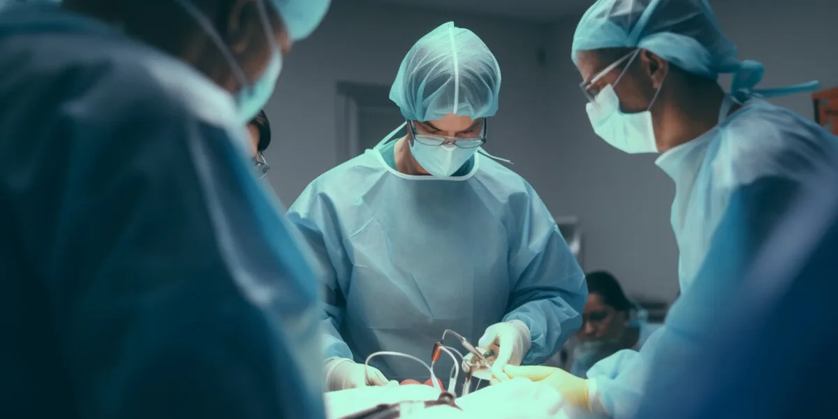 team of unrecognizable surgeon doctors are performing heart oper