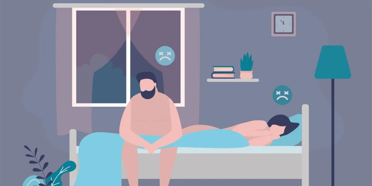 couple cannot have full sexual intercourse male character suffering from erectile dysfunction sad woman and man in bed after bad sex impotence concept sexual problems flat vector illustration