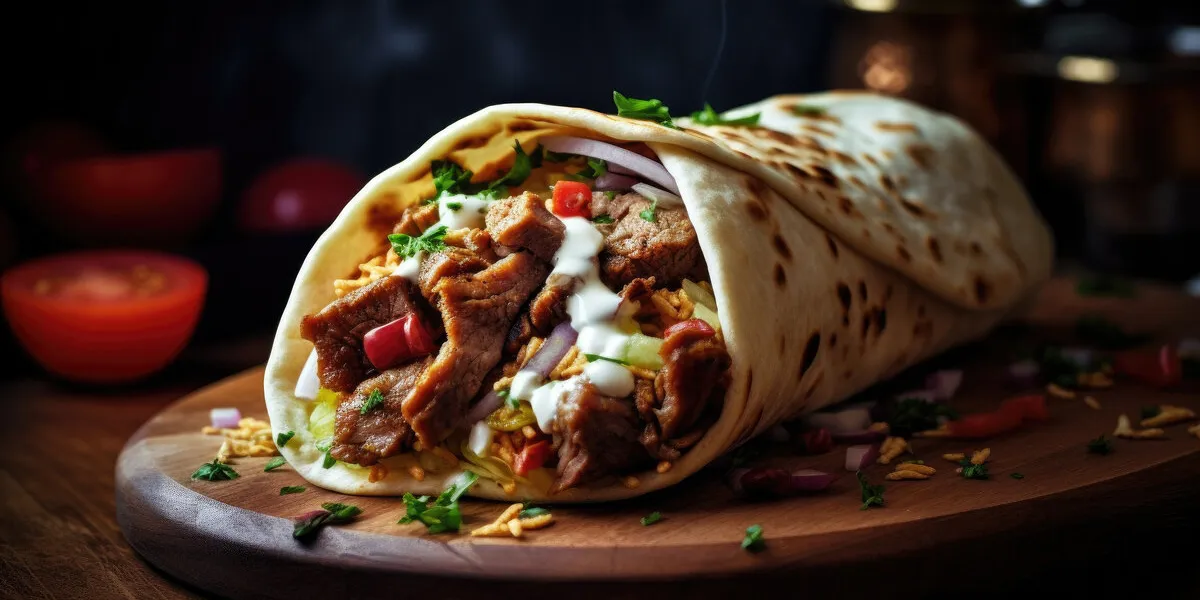 delicious shawarma served on wooden board on table in cafe grilled pita wrapping chicken meat and fresh vegetables with sauce generative ai
