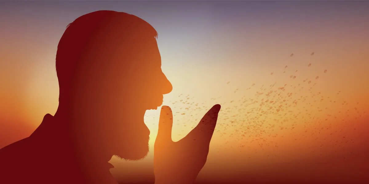 concept de la contagion d’une épidémie de grippe, avec un malade contaminé, qui éternue et propage ses microbes, en éternuant, bien que mettant sa main devant la bouche