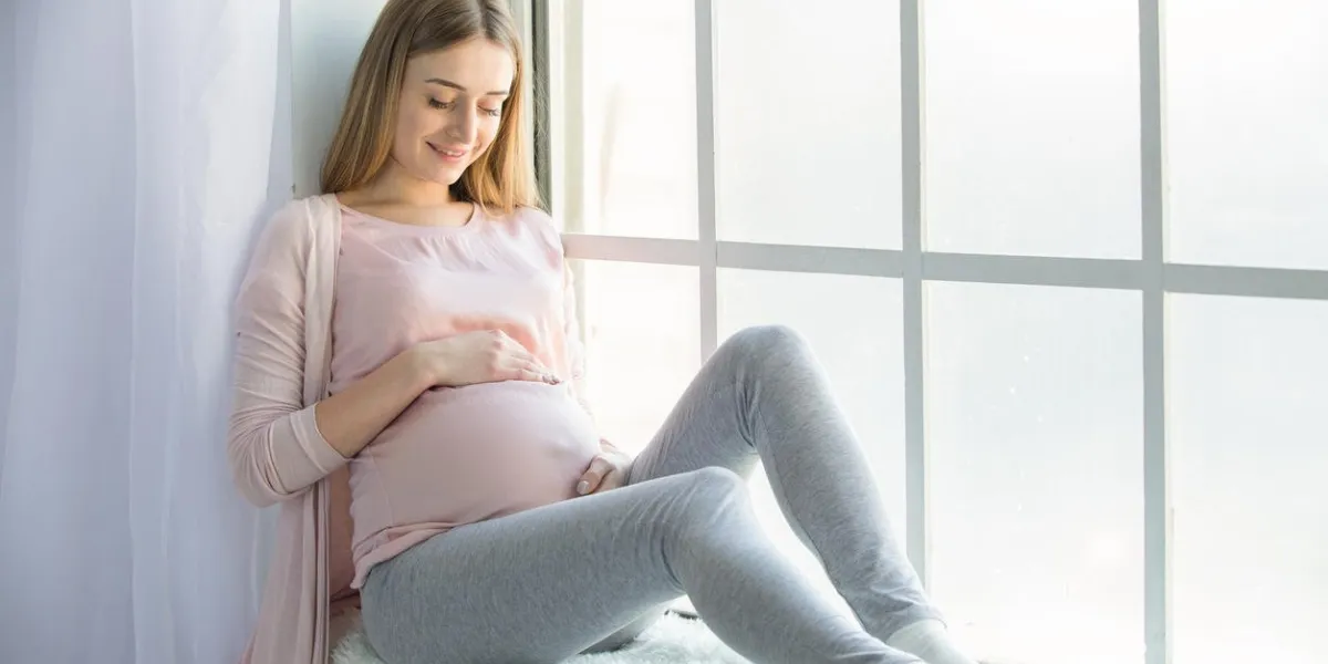 young preganant woman expecting a baby happy parent near window