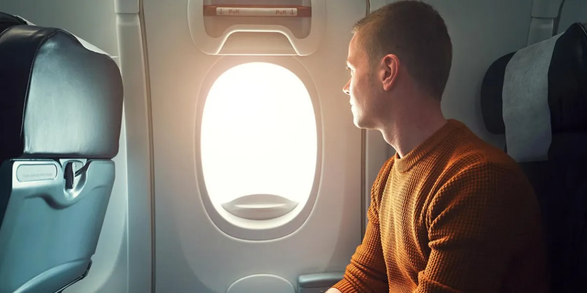 confortable voyager en avion curieux jeune passager regardant de la fenêtre - mise au point sélective