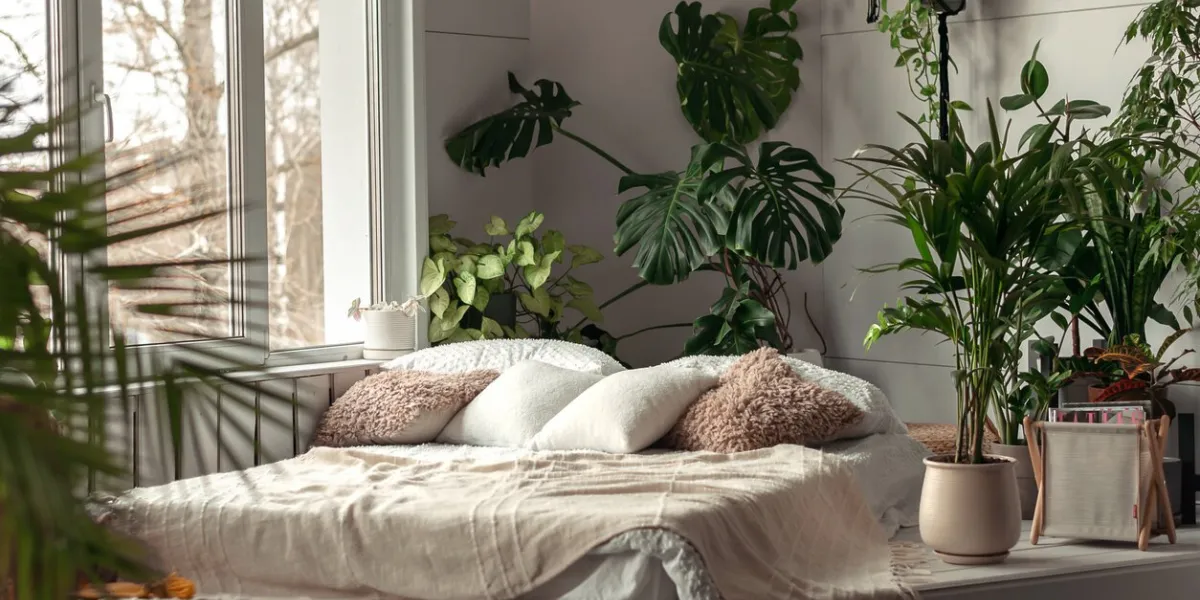 cozy bright bedroom with indoor plantshome interior designbiophilia design,urban jungle concept
