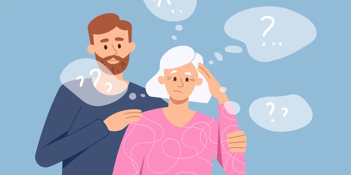 old woman has dementia social worker helps grandmother with memory problems graphic elements for medical website, page decoration doctor, specialist, support cartoon flat vector illustration