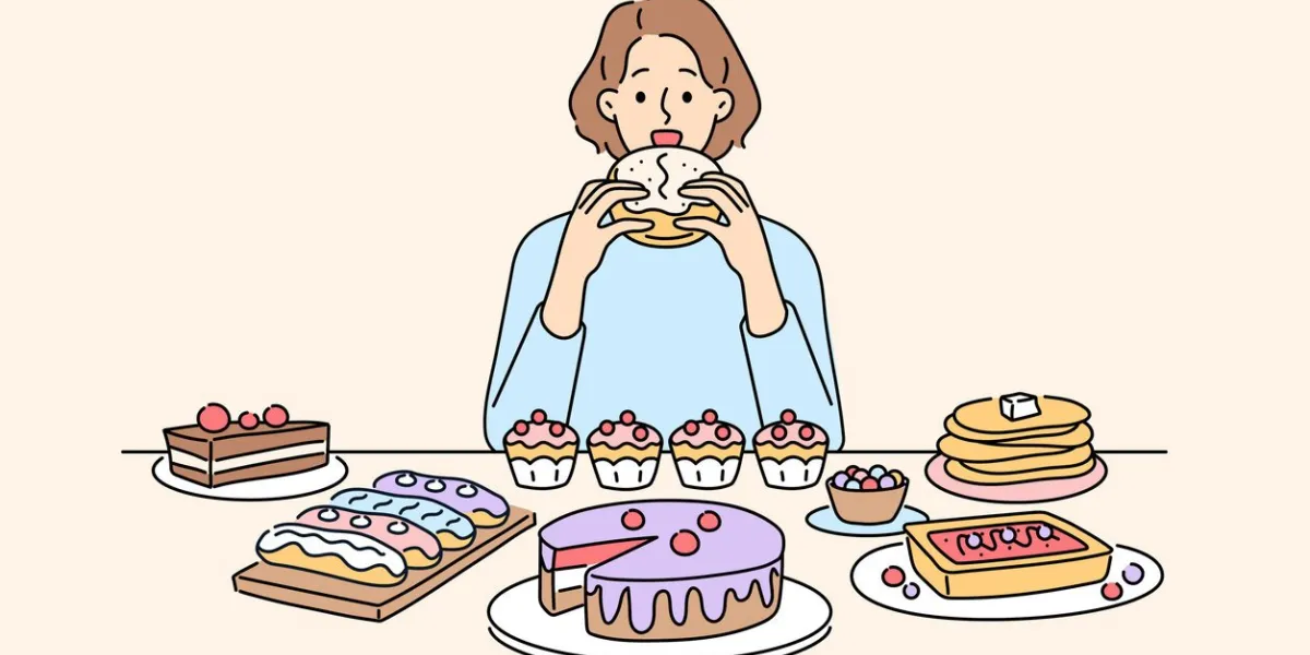 woman sitting at desk eating many desserts and cakes unhappy girl overeating sweet cupcakes and sugar food gluttony and overeating vector illustration