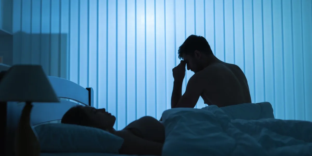 the worried man sit near near sleeping woman in the bed night time