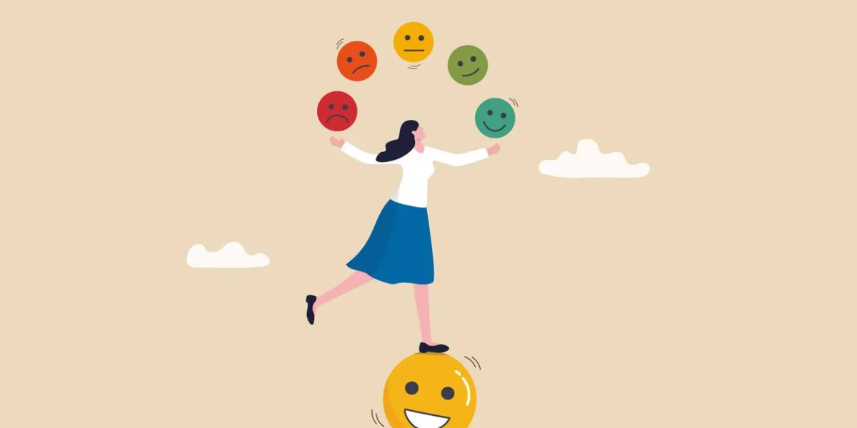 emotional intelligence, control feeling or emotion, psychology to be success or balance of anxiety and happiness concept, cheerful woman balance on smiling face juggling expression emotional faces
