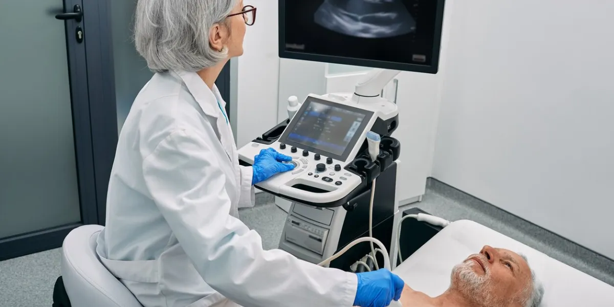 heart ultrasound exam for senior man with ultrasound specialist while medical exam at hospital