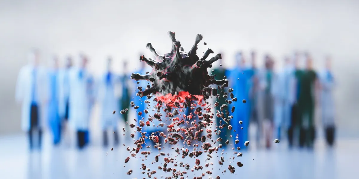 coronavirus defeated by doctors and scientists virus breaking up into pieces inventing effective treatment, vaccine or drug concept 3d illustration