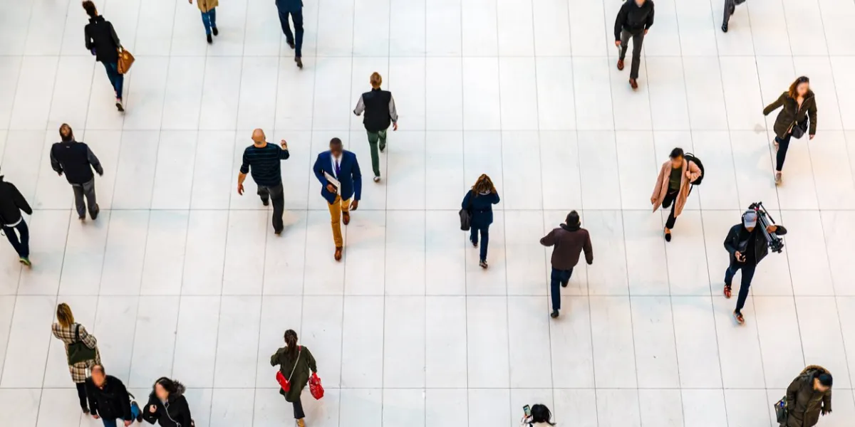 top view people walking white floor or large crowd of anonymous people