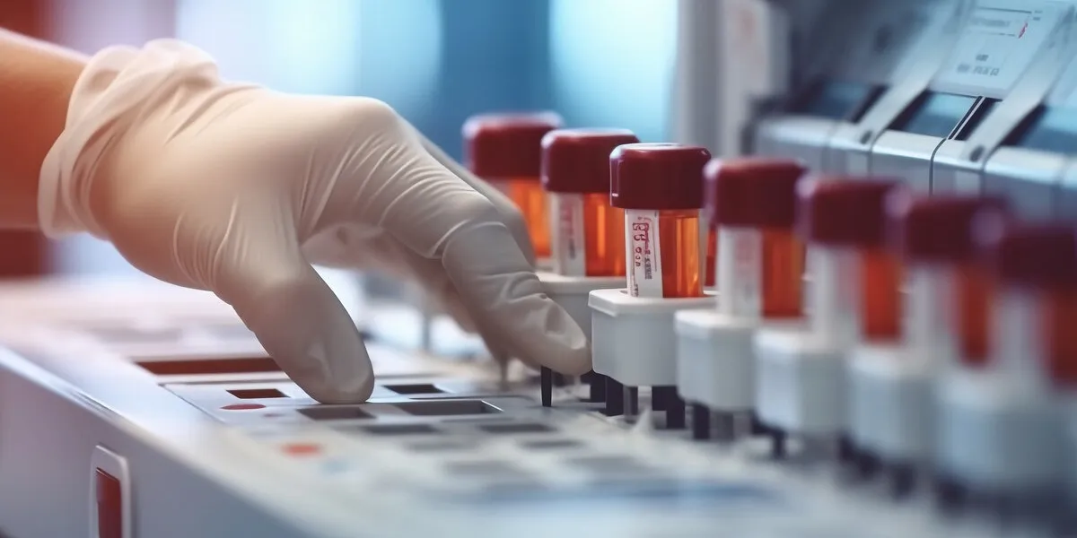 pharmacist using blood test equipment in hospital backgroundgenerative ai