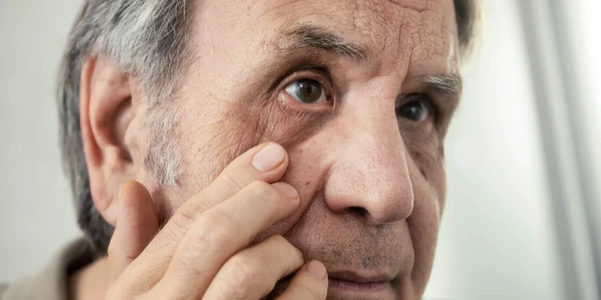 old man examines his own eye in the mirror