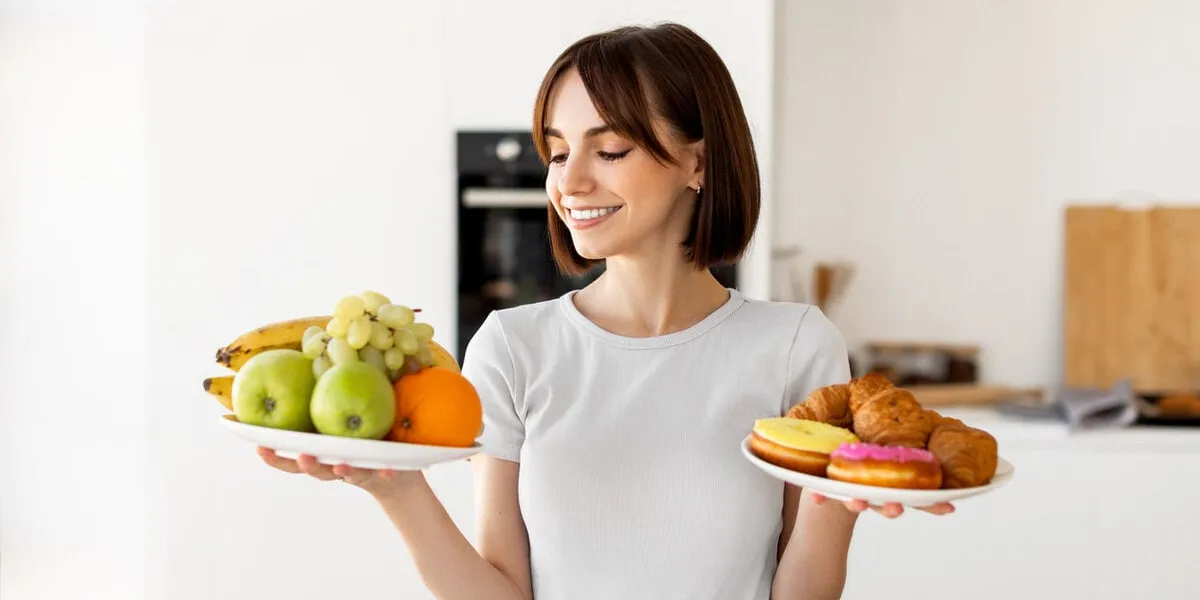 choosing between healthy or unhealthy food young woman holding plates with fruits and sweets, looking at healthy snack with smile, deciding what to eat, standing in kitchen interior