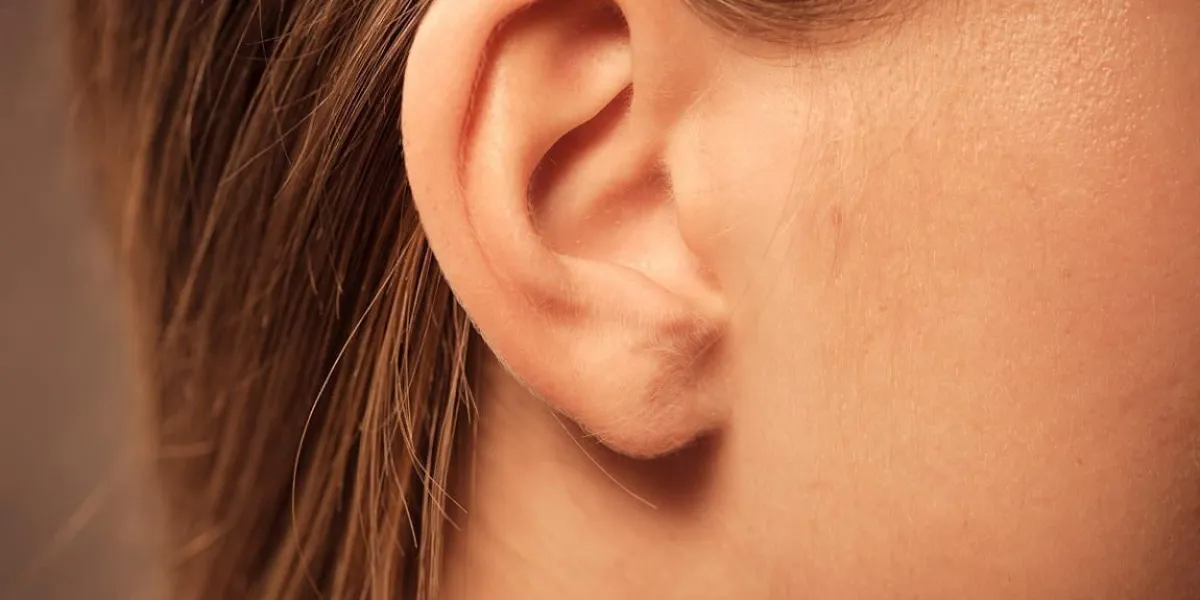 détail de la tête avec l'oreille humaine féminine et les cheveux se bouchent