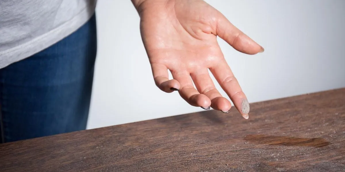 close-up of dust on woman finger taken from wooden table