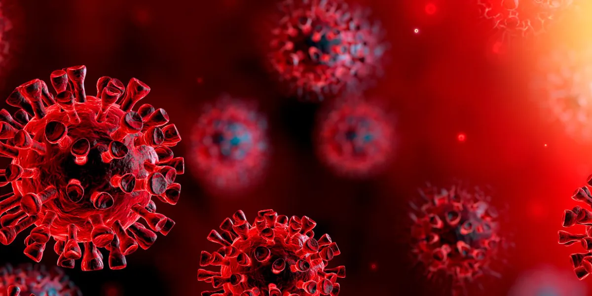 corona virus in red background - microbiology and virology concept - 3d rendering