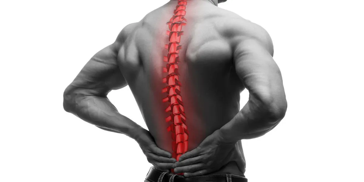 spine pain, man with backache and ache in the neck, black and white photo with red backbone, isolated on white background