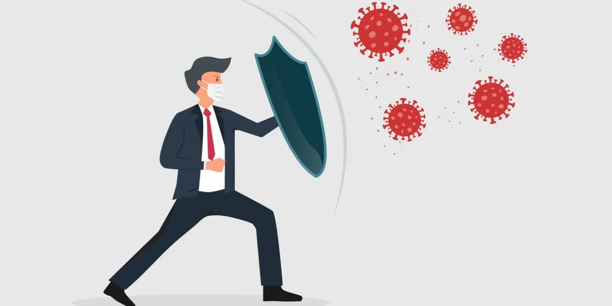businessman holding a shield protect from covid-19 stop coronavirus spreading vector illustration