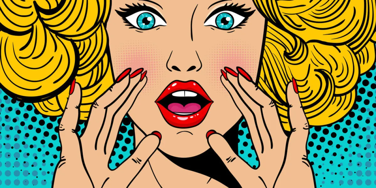 sexy surprised blonde pop art woman with wide open eyes and mouth and rising hands screaming vector background in comic retro pop art style party invitation