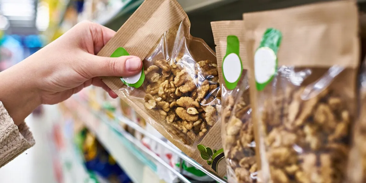 buyer hand with walnut packaging in the store