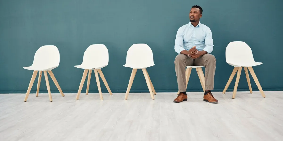 recruitment, waiting room and business black man thinking of career opportunity, job search hiring and interview for hr mock up, corporate man, employee or entrepreneur with ideas in human resources