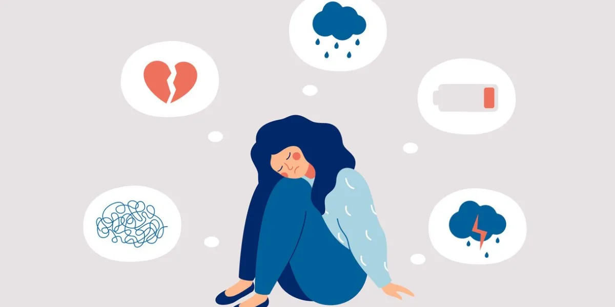 young woman who suffers from mental health diseases is sitting on the floor girl surrounded by symptoms of depression disorder  anxiety, crisis, tears, exhaustion, loss, overworked, tired vector illustration