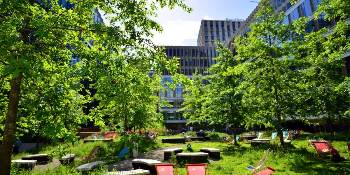 warsaw, poland 18 june 2022 browary warszawskie is a beautiful and friendly place for everyone there are residential buildings, office buildings and city squares herethe new symbol of the city