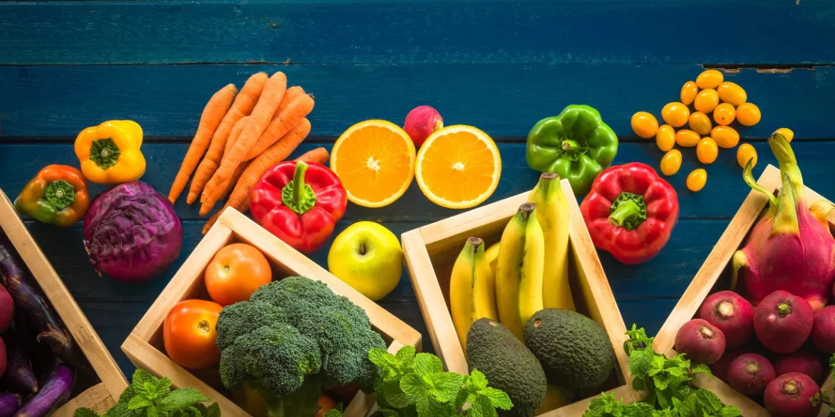 top view of fresh vegetables on table, fresh vegetables in wooden container with copy space