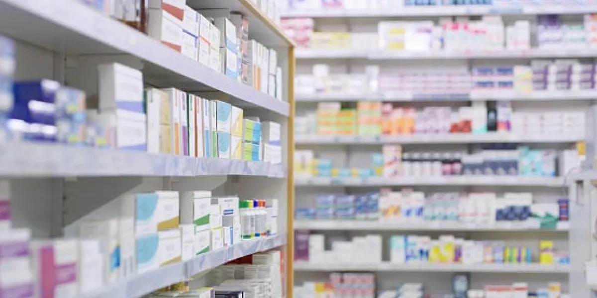 shot of shelves stocked with various medicinal products in a pharmacy