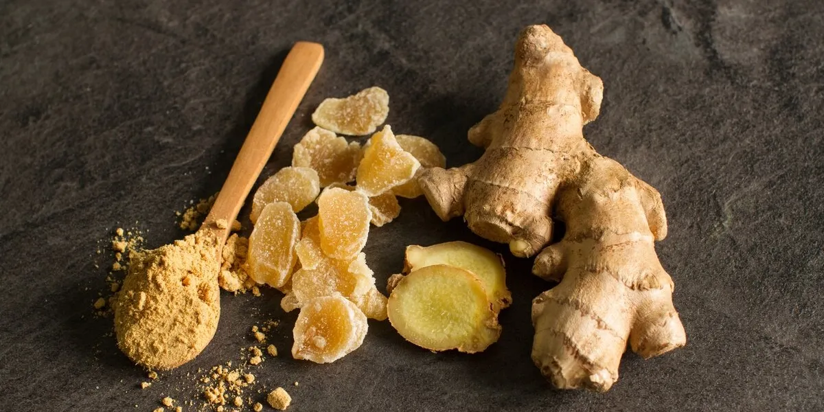 ginger root, candied and ginger powder in wooden spoon over grey