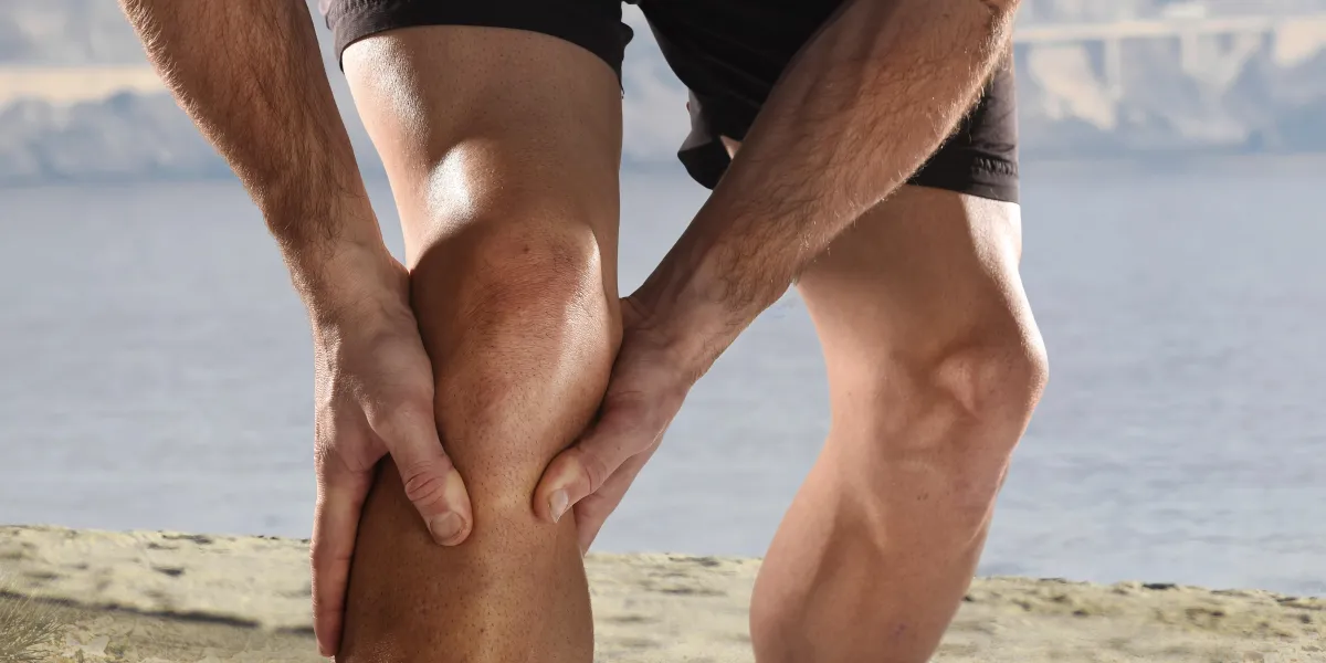 young sport man with strong athletic legs holding knee with his hands in pain after suffering muscle injury during a running workout beach training in muscular or ligament wound