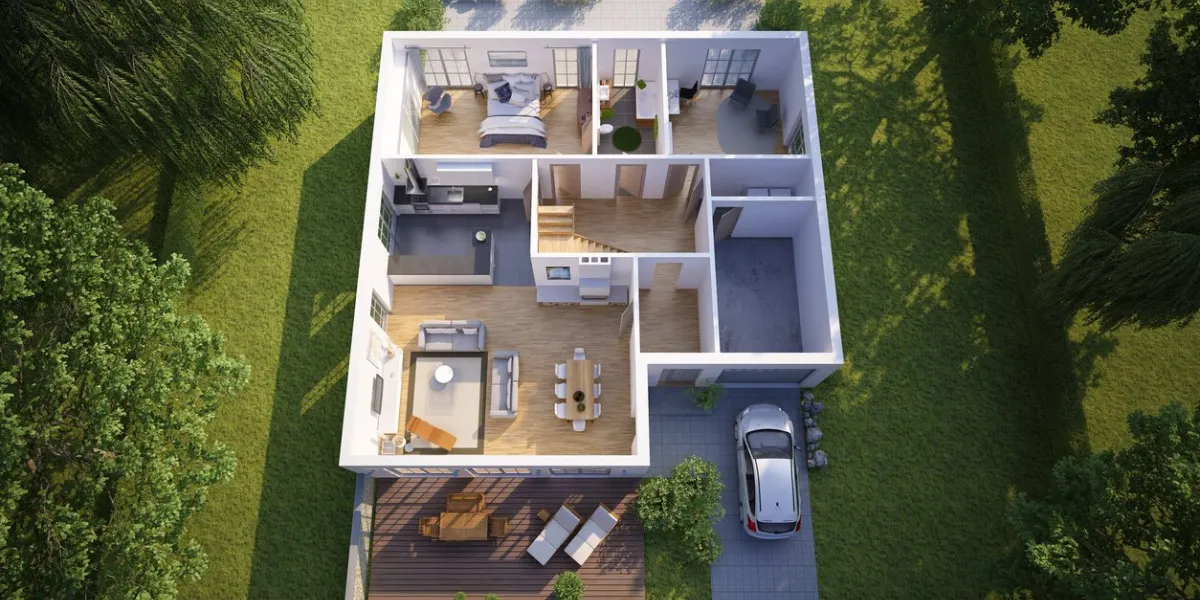 3d rendering of a 3d floor plan of a single-family house
