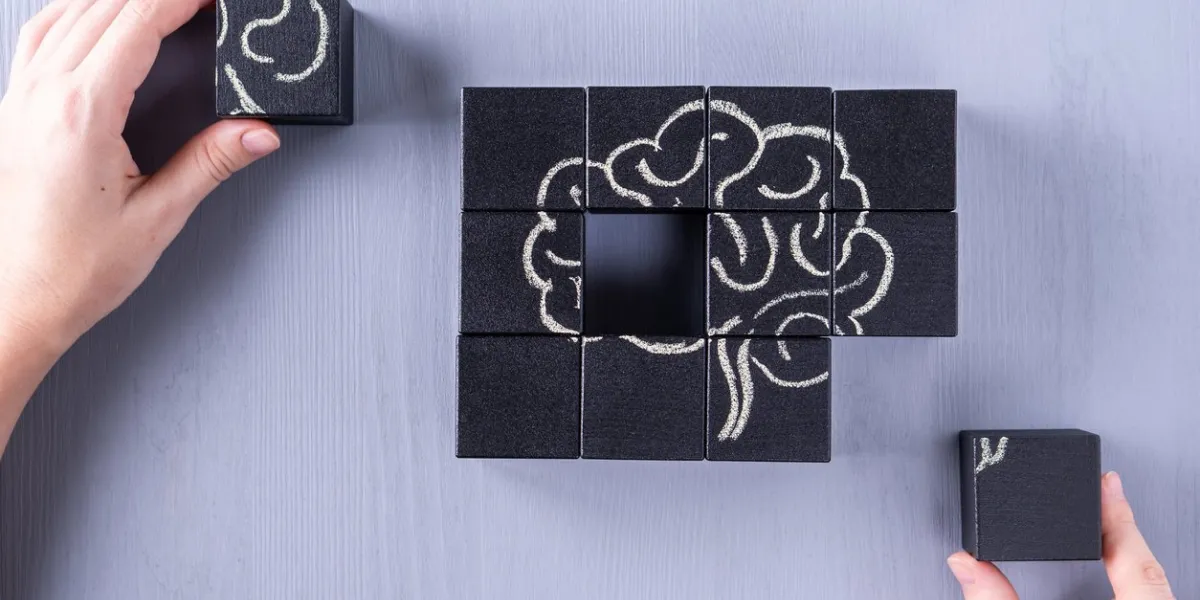 the concept of the human brain education, science and medical concept brain drawn in chalk on black cubesfemale hands put in place the last element of the puzzle