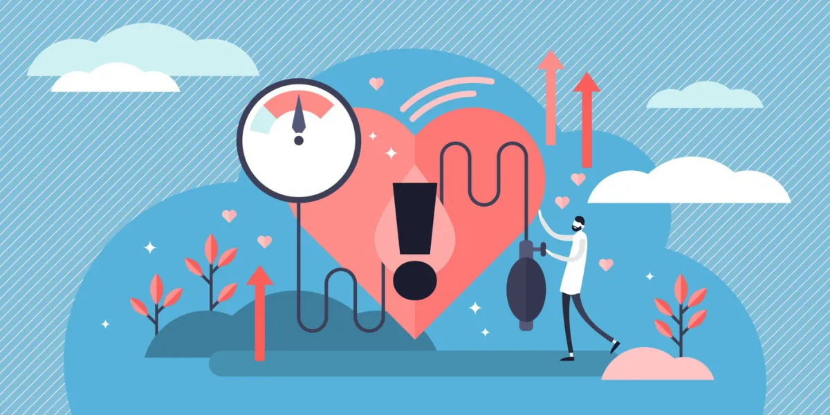 high blood pressure vector illustration flat tiny heart disease persons concept medical examination and cardiology doctor checkup patient health risk with hypertension pulse measurement diagnosis