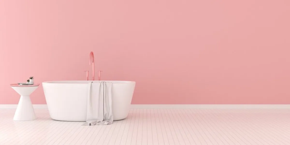 view of bathtub with side table and towel, modern interior design with pastel color wall 3d rendering