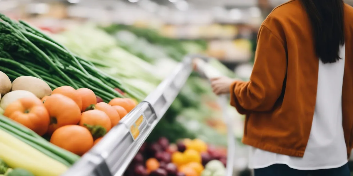 closeup candid photograph of a woman shopping for groceries frui