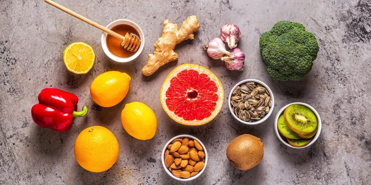 healthy products for immunity boosting and cold remedies, top view