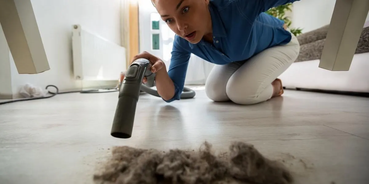 surpriced blonde housewife find dust under furniture