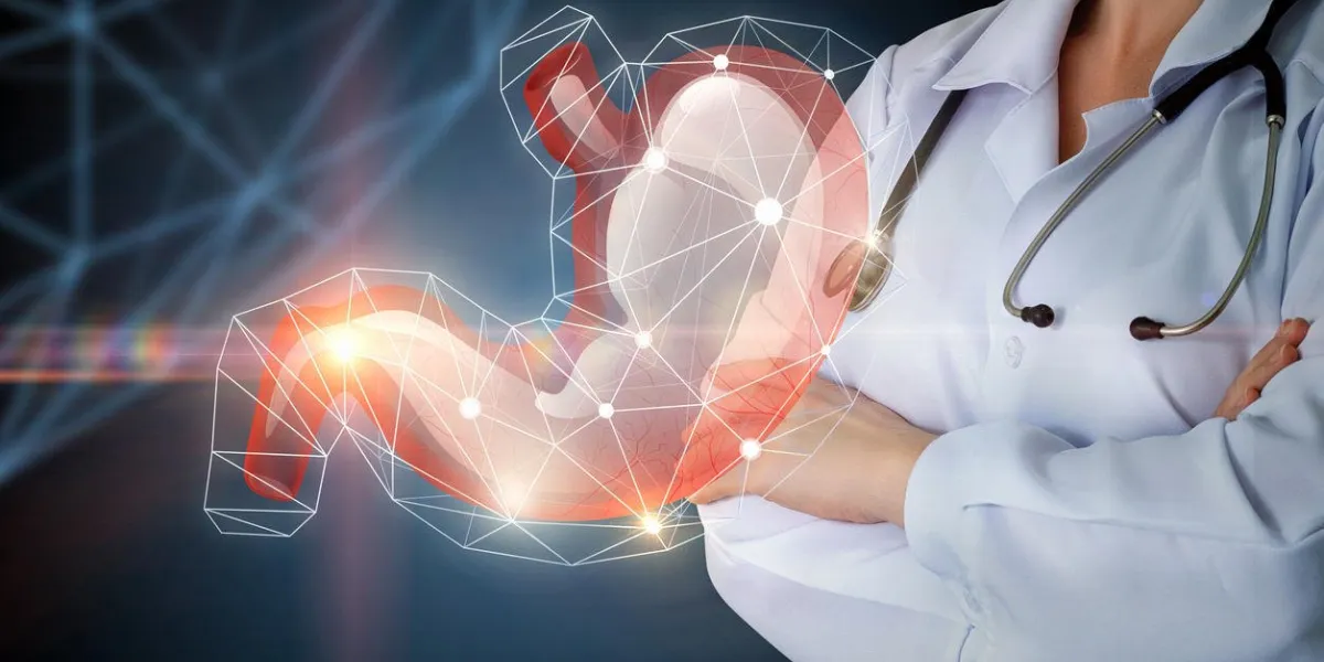 gastroentérologue et estomac sur la conception de fond bleu