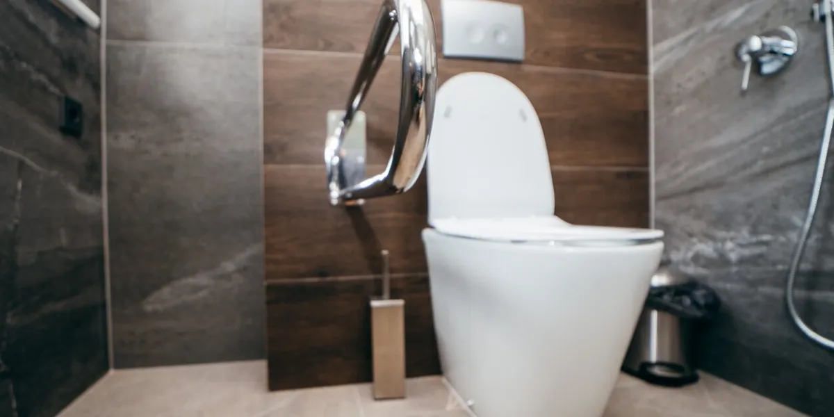 interior of modern toilet with handrail