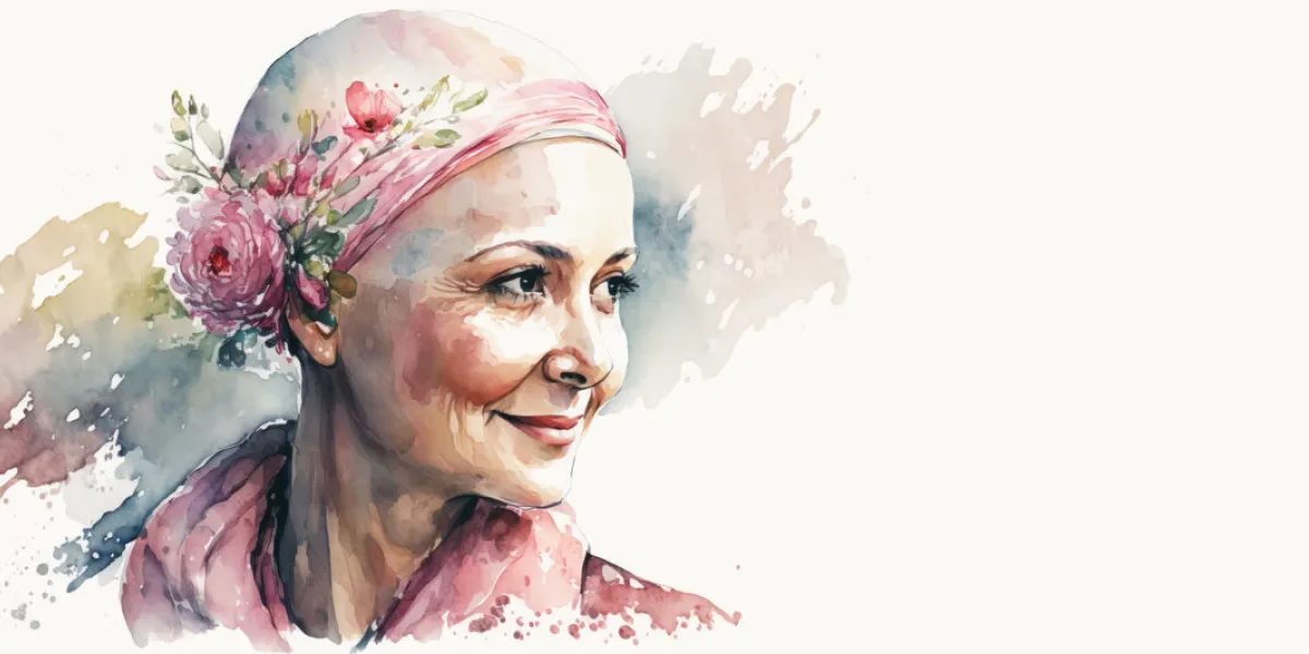 caucasian woman with a pink headscarf watercolor painting banner created using generative ai cancer concept