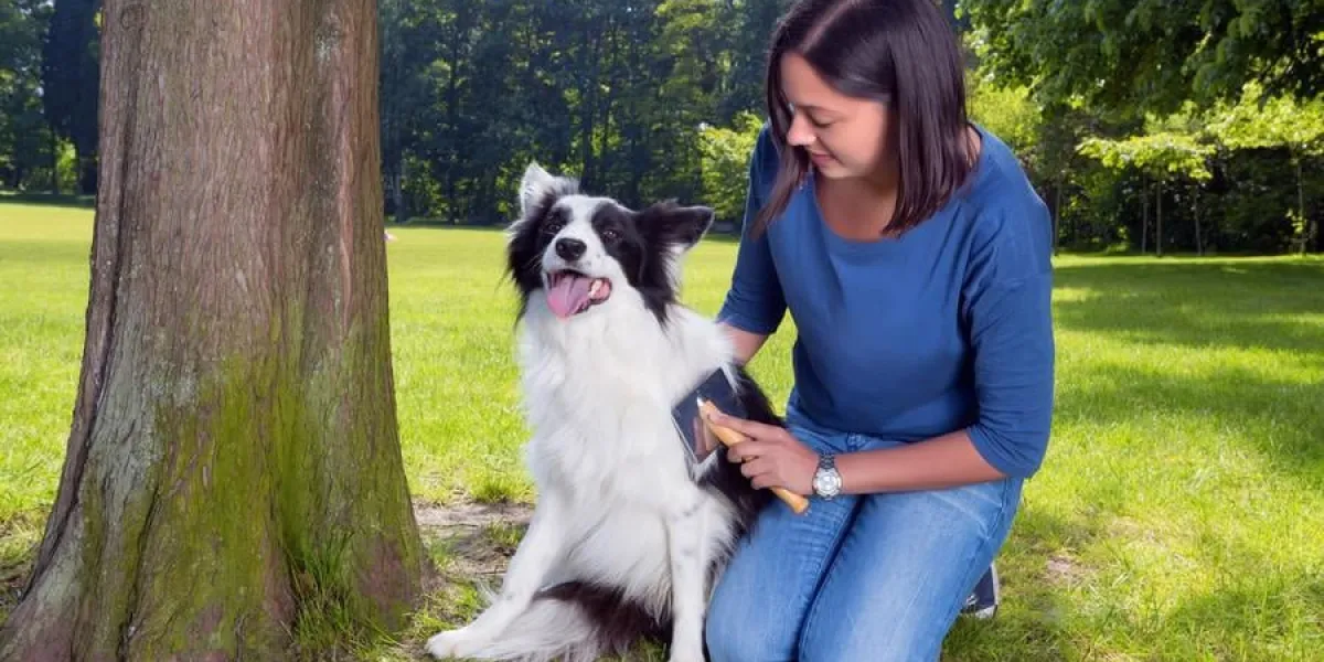 jeune femme prenant soin de la fourrure de son chien dans le parc