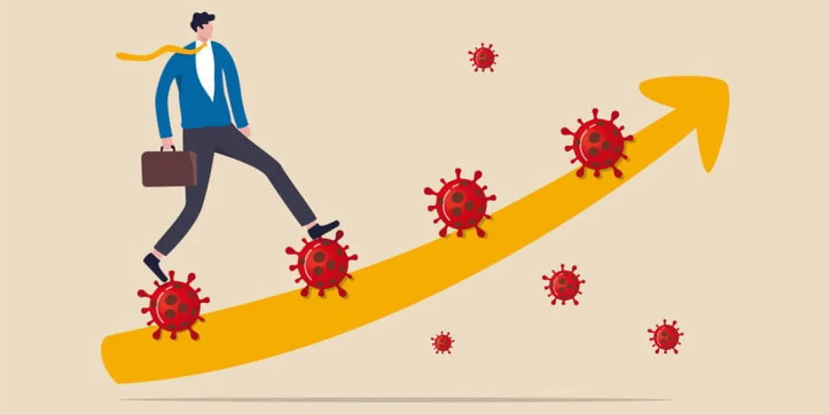 leadership to solve problem in coronavirus covid-19 crisis, walk pass and survive in economic crisis in covid-19 outbreak, confidence business man leader walk up coronavirus stair with graph arrow
